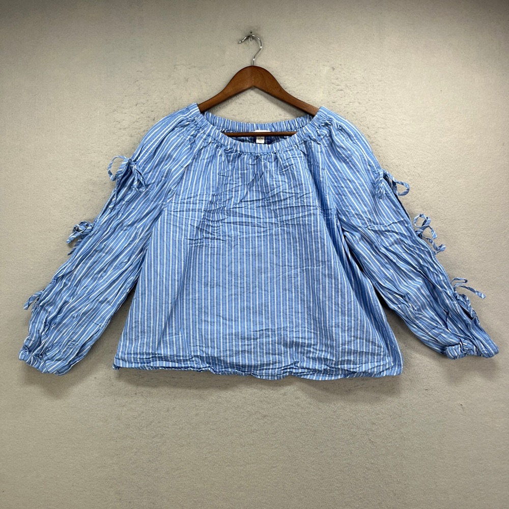 Free Assembly Blouse Womens L Blue Striped Tie Sleeve Beachy Top Coastal Preppy